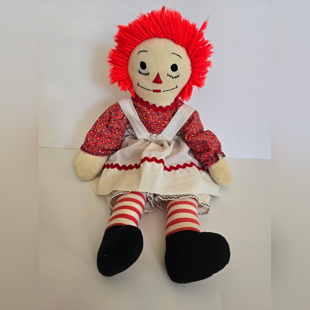Vintage Raggedy Ann Doll Red Hair Striped Legs Floral Dress Cute Collectible